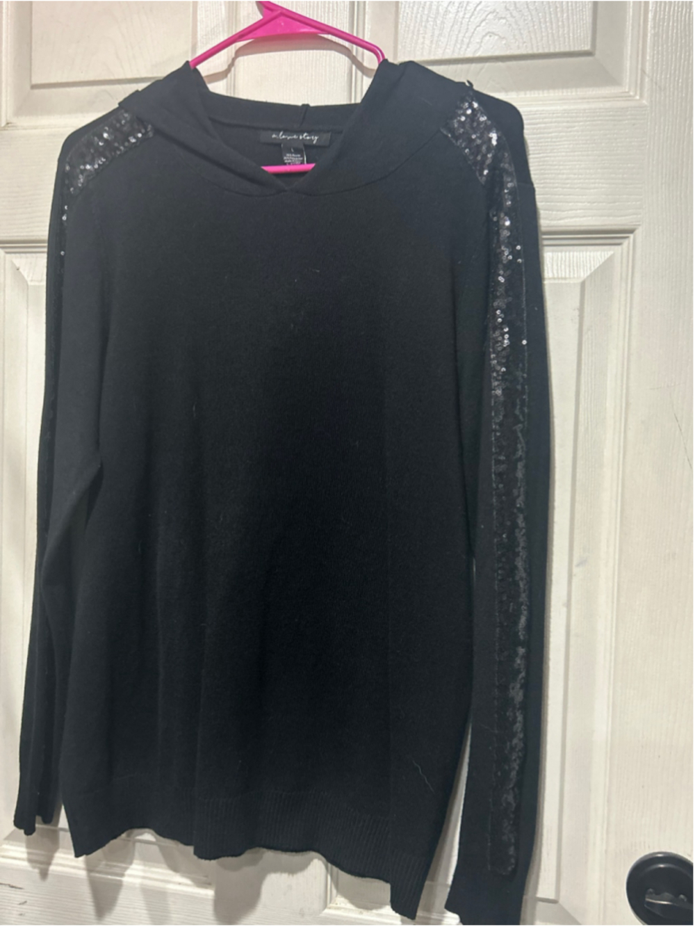 Women's a...love story Black Sequin Shoulder Hoodie Sweatshirt Size L